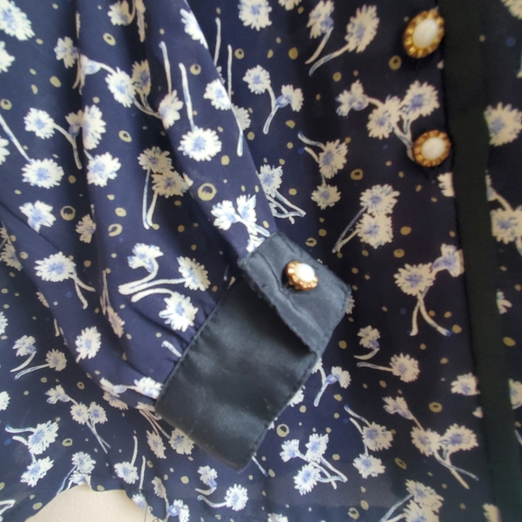 Vintage floral prints shirt with double layered contrast collar with button L - Picture 3 of 7